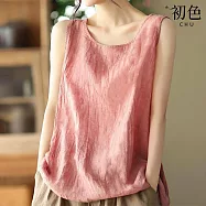 【初色】復古純色透氣棉麻休閒寬鬆圓領無袖背心T恤上衣女上衣-共5色-36637(L-4XL可選) L 深紅色