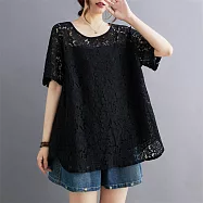 【ACheter】 文藝蕾絲清涼百搭圓領短袖上衣不規則大碼中長# 124345 3XL 黑色