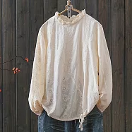 【ACheter】 緹花刺繡蕾絲上衣收下擺套頭公主襯衫防曬長袖中長# 124523 M 杏色