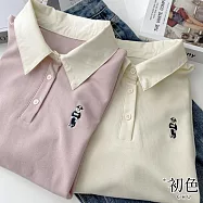 【初色】休閒簡約撞色拼接小熊刺繡半門襟翻領短袖POLO衫T恤上衣女上衣-共3色-10806(F可選) F 粉色