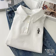 【初色】休閒簡約撞色拼接小熊刺繡半門襟翻領短袖POLO衫T恤上衣女上衣-共3色-10806(F可選) F 白色