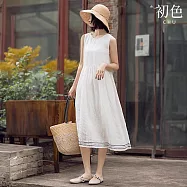【初色】簡約復古文藝棉麻寬鬆透氣休閒圓領無袖背心裙連衣裙連身洋裝長洋裝-白色-36625(M-2XL可選) M 白色