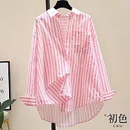 【初色】韓版寬鬆條紋通勤長袖襯衫上衣女上衣開衫輕薄外套-共6色-10832(M-3XL可選) XL 粉紅色