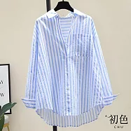 【初色】韓版寬鬆條紋通勤長袖襯衫上衣女上衣開衫輕薄外套-共6色-10832(M-3XL可選) XL 藍色
