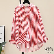 【初色】韓版寬鬆條紋通勤長袖襯衫上衣女上衣開衫輕薄外套-共6色-10832(M-3XL可選) 2XL 紅色
