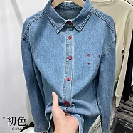 【初色】復古純色繡花牛仔襯衫長袖上衣女上衣開衫外套-共2色-10835(M-XL可選) XL 淺藍色