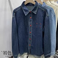 【初色】復古純色繡花牛仔襯衫長袖上衣女上衣開衫外套-共2色-10835(M-XL可選) L 深藍色