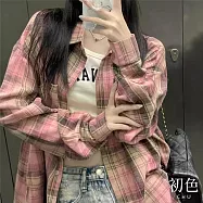 【初色】韓版格紋翻領襯衫上衣女上衣開衫單排扣長袖外套-共12色-10782(M-2XL可選) M 粉色