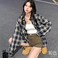 【初色】韓版格紋翻領襯衫上衣女上衣開衫單排扣長袖外套-共12色-10782(M-2XL可選) 2XL 藏青色
