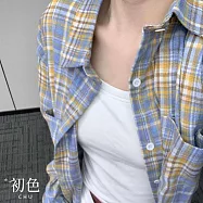 【初色】韓版格紋翻領襯衫上衣女上衣開衫單排扣長袖外套-共12色-10782(M-2XL可選) M 黃藍色