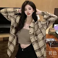 【初色】韓版格紋翻領襯衫上衣女上衣開衫單排扣長袖外套-共12色-10782(M-2XL可選) L 卡其色