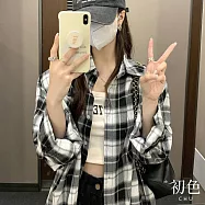 【初色】韓版格紋翻領襯衫上衣女上衣開衫單排扣長袖外套-共12色-10782(M-2XL可選) XL 黑白色