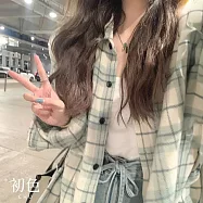 【初色】韓版格紋翻領襯衫上衣女上衣開衫單排扣長袖外套-共12色-10782(M-2XL可選) XL 淺綠色