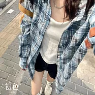 【初色】韓版格紋翻領襯衫上衣女上衣開衫單排扣長袖外套-共12色-10782(M-2XL可選) XL 藍色