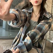 【初色】韓版格紋翻領襯衫上衣女上衣開衫單排扣長袖外套-共12色-10782(M-2XL可選) 2XL 漸層藍黃色