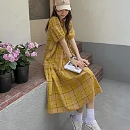 【MsMore】 大碼黃茶歇森系泡泡短袖格子長款連身裙圓領洋裝# 124436 2XL 黃色