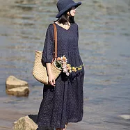 【ACheter】 高端蘆麻感七分袖連身裙藍色優雅長洋裝# 124592 XL 藏青色