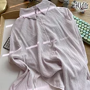 【初色】韓版純色通勤褶皺感中長款翻領襯衫女上衣開衫外套-共10色-10786(F可選) F 淺紫