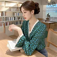 【初色】法式蕾絲花邊撞色波點荷葉邊袖長袖V領襯衫上衣女上衣-墨綠色-10699(M-2XL可選) M 墨綠色