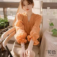 【初色】日系純色雪紡木耳邊V領寬鬆長袖小衫襯衫上衣女上衣-橘色-10702(M-XL可選) M 橘色
