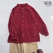 【初色】復古寬鬆磨毛波點花邊領長袖單排釦襯衫上衣女上衣-紅色-10724(M-2XL可選) L 紅色