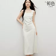 【初色】簡約純色立體壓摺收腰方領背心中長連衣裙連身洋裝長洋裝-共2色-10769(M-2XL可選) M 白色