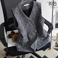 【初色】小香風短款純色雙排釦口袋V領無袖呢子西裝馬甲外套女外套-灰色-10844(M-2XL可選) 2XL 灰色