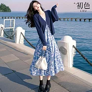 【初色】純色V領長袖開衫女外套+碎花高腰無袖吊帶A字中長裙連衣裙連身洋裝套裝-藍色-10773(M-2XL可選) 2XL 藍色