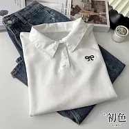 【初色】美式寬鬆翻領短袖蝴蝶結刺繡半門襟POLO衫T恤上衣女上衣-共3色-10816(F可選) F 白色