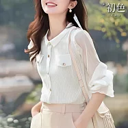 【初色】小香風純色休閒口袋翻領喇叭長袖針織襯衫上衣女上衣-白色-10862(F可選) F 白色