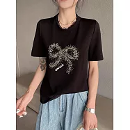 O-ni O-ni精選高級精梳棉圓領蕾絲設計車縫立體特殊工藝蝴蝶結名媛最愛短袖上衣(品質保證)_25-S2403/ XL 黑色