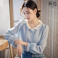 【初色】法式撞色拼接荷葉邊單排扣圓領燈籠袖長袖襯衫上衣女上衣-共2色-10325(M-2XL可選) M 藍色