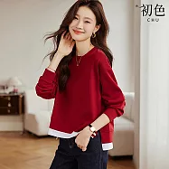 【初色】假兩件純色拼接圓領長袖下擺開叉T恤上衣女上衣-共3色-11045(M-2XL可選) XL 酒紅色