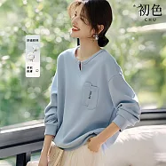 【初色】簡約風刺繡口袋小V領長袖寬鬆衛衣大學T上衣女上衣-淺灰藍-11048(M-2XL可選) 2XL 淺灰藍