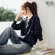 【初色】通勤風拼接撞色條紋圓領長袖T恤上衣女上衣-藏青色-11049(M-2XL可選) M 藏青色