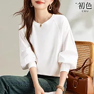 【初色】慵懶風休閒寬鬆純色褶皺圓領長袖燈籠袖T恤上衣女上衣-白色-11050(M-2XL可選) M 白色