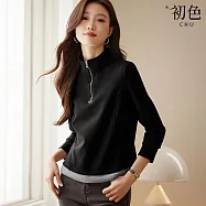 【初色】簡約撞色拼接領口拉鍊立領長袖修身打底衫上衣女上衣-共2色-11051(M-2XL可選) 2XL 黑色