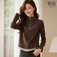 【初色】簡約撞色拼接領口拉鍊立領長袖修身打底衫上衣女上衣-共2色-11051(M-2XL可選) XL 咖色
