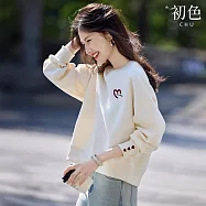 【初色】簡約甜美愛心刺繡圓領長袖大學T上衣女上衣-共2色-10840(M-2XL可選) L 米杏色