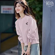 【初色】簡約甜美愛心刺繡圓領長袖大學T上衣女上衣-共2色-10840(M-2XL可選) L 粉紅色