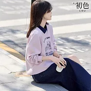 【初色】假兩件拼接POLO領長袖寬鬆T恤大學T上衣女上衣-粉紫色-11054(M-2XL可選) M 粉紫色