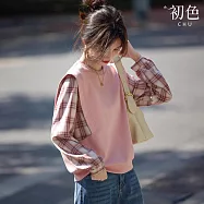 【初色】鬆弛感純色拼接撞色格紋假兩件圓領長袖襯衫袖疊穿T恤上衣女上衣-粉色-11056(M-2XL可選) M 粉色