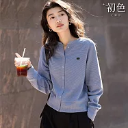 【初色】韓風華夫格肌理感四合扣立領長袖罩衫外套女外套-藍色-10851(M-2XL可選) M 藍色