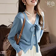【初色】純色蝴蝶結V領長袖針織衫上衣女上衣-藍色-10866(F可選) F 藍色