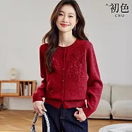 【初色】小香風蕾絲花朵純色休閒亮片釘珠圓領長袖針織毛衣外套女外套-共3色-10876(F可選) F 酒紅色
