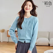 【初色】小香風蕾絲花朵純色休閒亮片釘珠圓領長袖針織毛衣外套女外套-共3色-10876(F可選) F 淺藍色