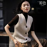 【初色】簡約純色仿羊絨保暖針織V領無袖馬甲女背心-共2色-10878(F可選) F 米色