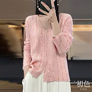 【初色】拼接V領重工亮片珍珠扣長袖毛衣針織衫上衣女上衣-共3色-10896(F可選) F 白色