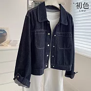 【初色】復古工裝短款單排扣明線口袋翻領長袖牛仔夾克外套女外套-深藍色-10715(M-XL可選) XL 深藍色
