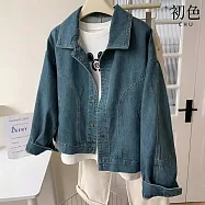 【初色】韓系休閒寬鬆純色明線口袋袖扣單排扣翻領長袖牛仔外套女外套-共2色-10716(M-XL可選) XL 藍色